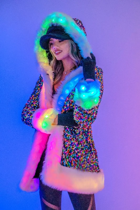 Oversized women's wool coats in a monochromatic look for a trendy outfitWomen's LED Petite Playa Coat in "Rainbow Sequin" Oversized women's wool coats in a monochromatic look for a trendy outfitWomen's LED Petite Playa Coat in "Rainbow Sequin"