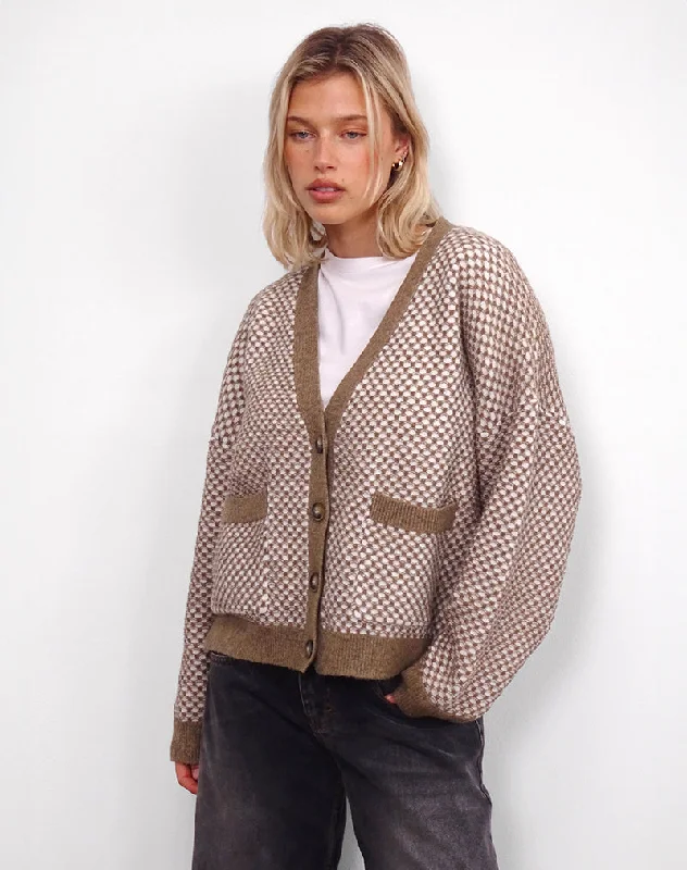 floral print women cardigan for a feminine touchDanov Cardigan in Brown Gingham