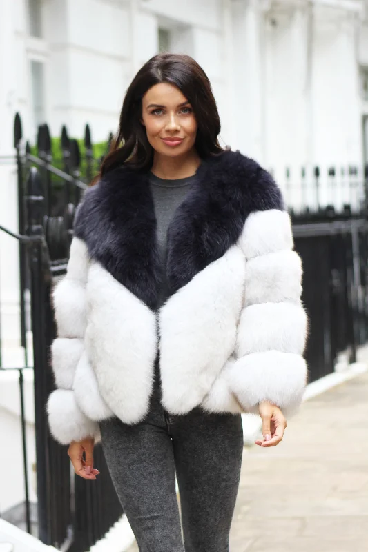 Women's reversible down coats with two - tone designs for versatile stylingDark Grey and Winter White Panelled Fox Coat Women's reversible down coats with two - tone designs for versatile stylingDark Grey and Winter White Panelled Fox Coat