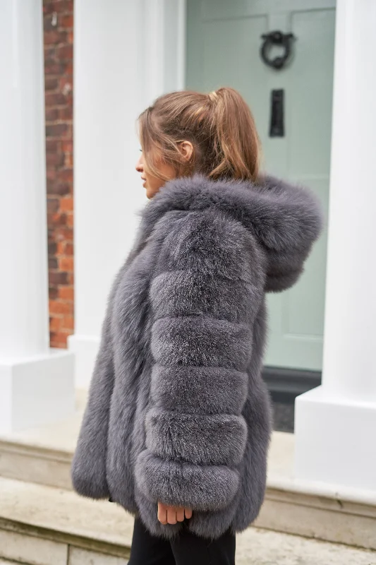 Women's reversible down coats with two - tone designs for versatile stylingDark Grey Hooded Long Fox Coat Women's reversible down coats with two - tone designs for versatile stylingDark Grey Hooded Long Fox Coat
