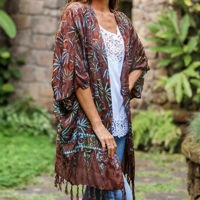 cropped women cardigan to pair with high - waisted jeansDenpasar Lady in Brown Leaf Motif Batik Rayon Kimono Jacket in Brown from Bali cropped women cardigan to pair with high - waisted jeansDenpasar Lady in Brown Leaf Motif Batik Rayon Kimono Jacket in Brown from Bali