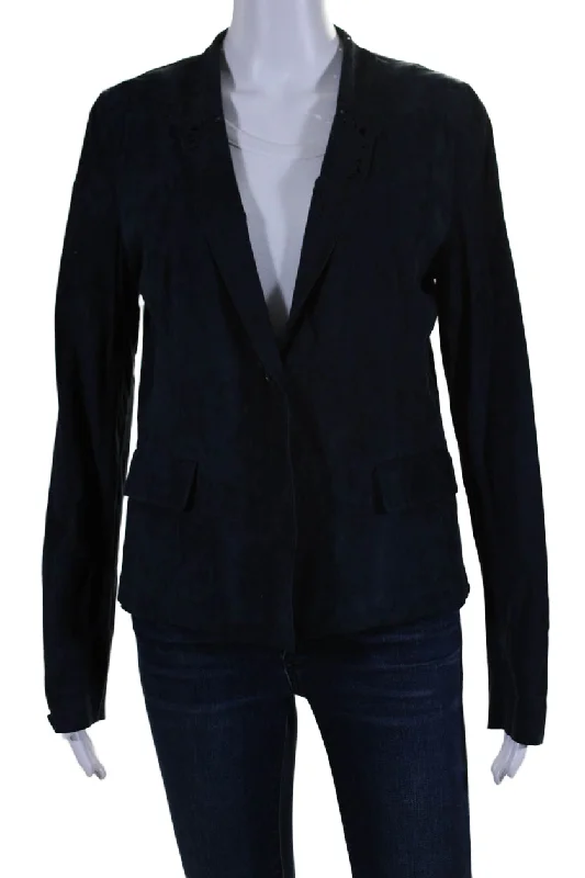 Elie Tahari Womens One Button Laser Cut Trim Marielle Suede Jacket Navy Medium