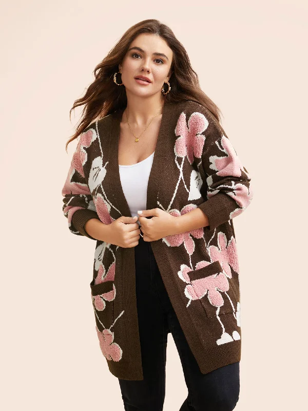 ribbed women cardigan with a classic textureFloral Jacquard Open Front Pocket Cardigan ribbed women cardigan with a classic textureFloral Jacquard Open Front Pocket Cardigan