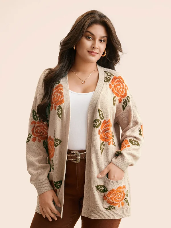 machine washable women cardigan for easy careFloral Texture Patch Pocket Cardigan