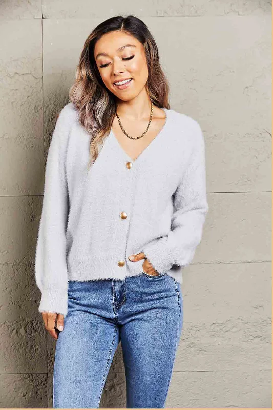 cropped women cardigan to pair with high - waisted jeansFuzzy Long Sleeve Button Down Cardigan cropped women cardigan to pair with high - waisted jeansFuzzy Long Sleeve Button Down Cardigan