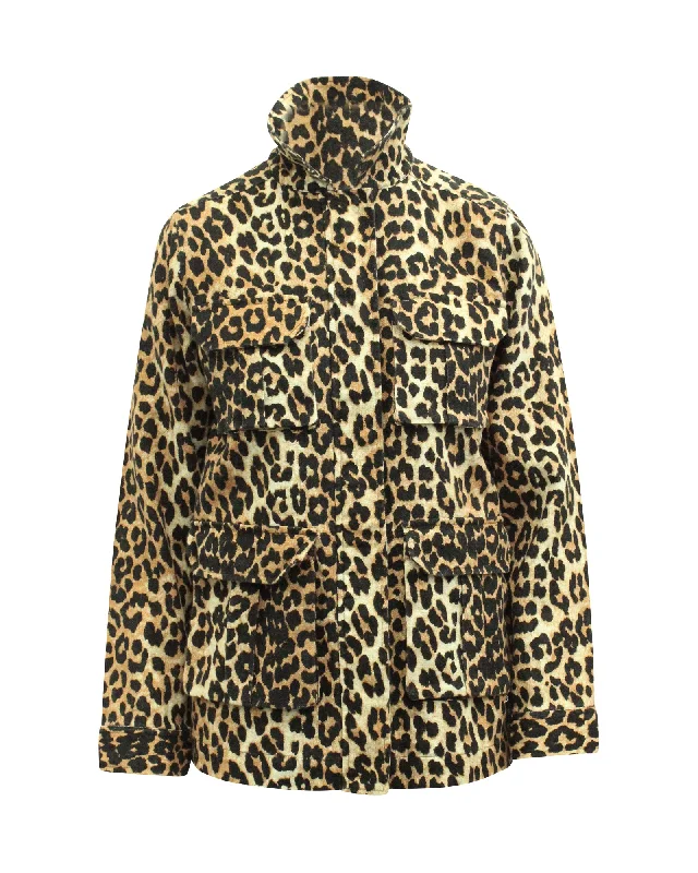 Women's long - sleeve wool coats in a houndstooth pattern for a classic charmGanni Camberwell Jacket In Animal Print Cotton Women's long - sleeve wool coats in a houndstooth pattern for a classic charmGanni Camberwell Jacket In Animal Print Cotton