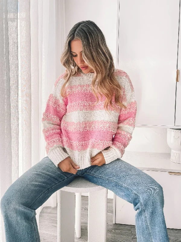 long length women cardigan with side slitsGiorgina Knit - Pink Stripe
