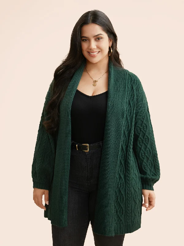 long length women cardigan with side slitsLapel Collar Texture Cable Knit Cardigan