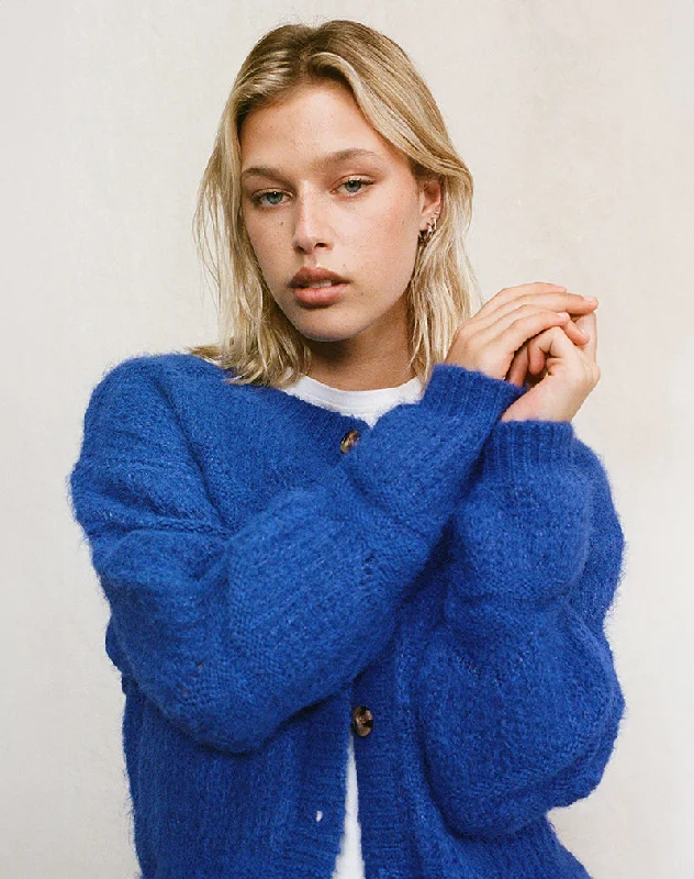 cable knit women cardigan with intricate patternsLuciana Cardigan in Cobalt Blue