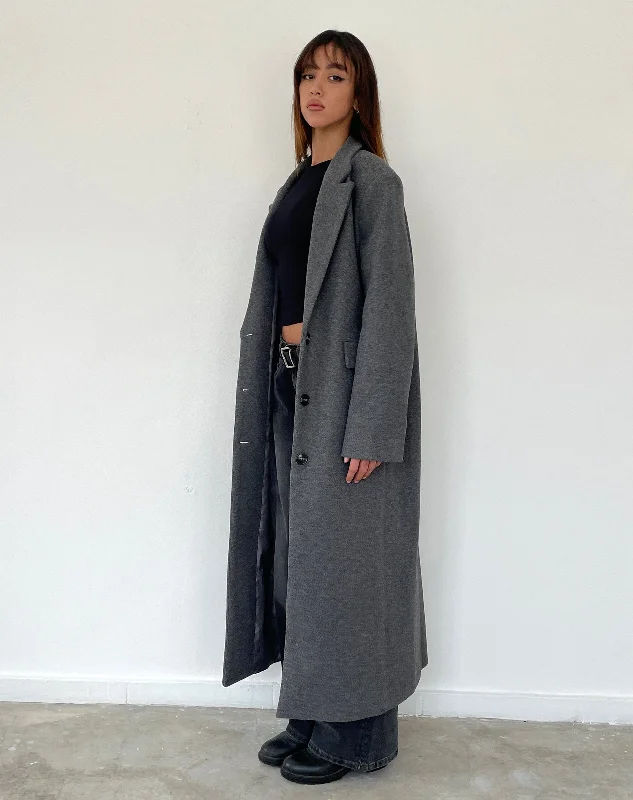 Women's knee - length wool blend coats with a fur collar for added warmthMalati Longline Coat in Charcoal Women's knee - length wool blend coats with a fur collar for added warmthMalati Longline Coat in Charcoal