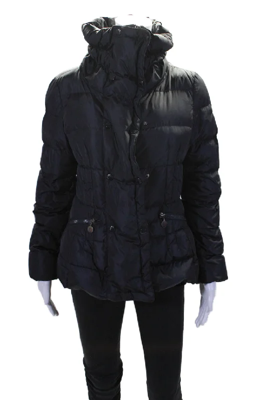 Moncler Womens Collared Snapped Buttoned Long Sleeve Puffer Coat Navy