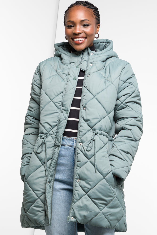 Quilted Puffer Coat With Cord At Waist Sage