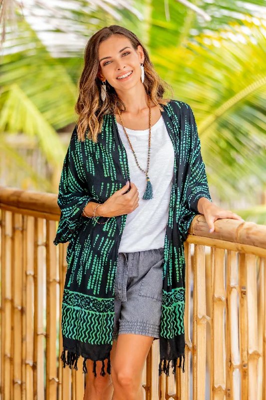 ribbed women cardigan with a classic textureRaindrops Hand Stamped Black and Mint Rayon Batik Kimono ribbed women cardigan with a classic textureRaindrops Hand Stamped Black and Mint Rayon Batik Kimono