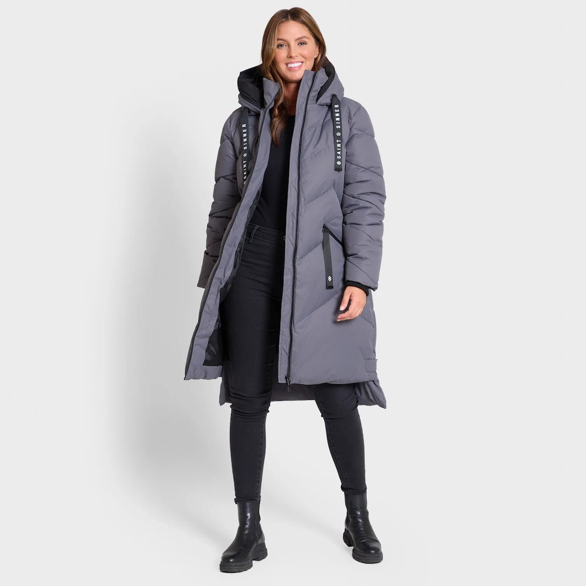 Embroidered women's cotton coats in a bohemian pattern for a unique designSaint and Sinner Graphite Quilted Coat Embroidered women's cotton coats in a bohemian pattern for a unique designSaint and Sinner Graphite Quilted Coat