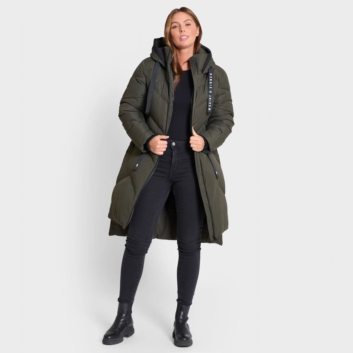Women's long - sleeve wool coats in a houndstooth pattern for a classic charmSaint and Sinner Khaki Quilted Coat Women's long - sleeve wool coats in a houndstooth pattern for a classic charmSaint and Sinner Khaki Quilted Coat
