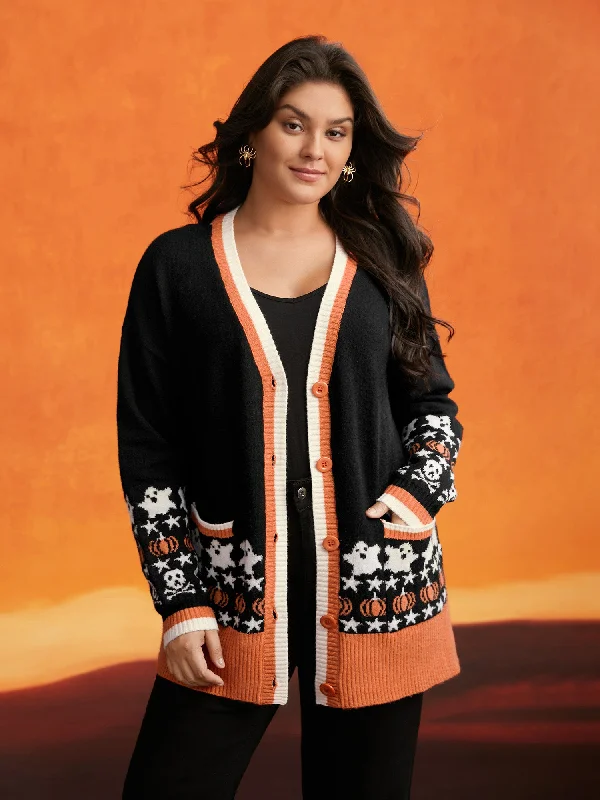 hooded women cardigan for added warmth and styleSupersoft Essentials Happy Hauntings Contrast Placket Cardigan