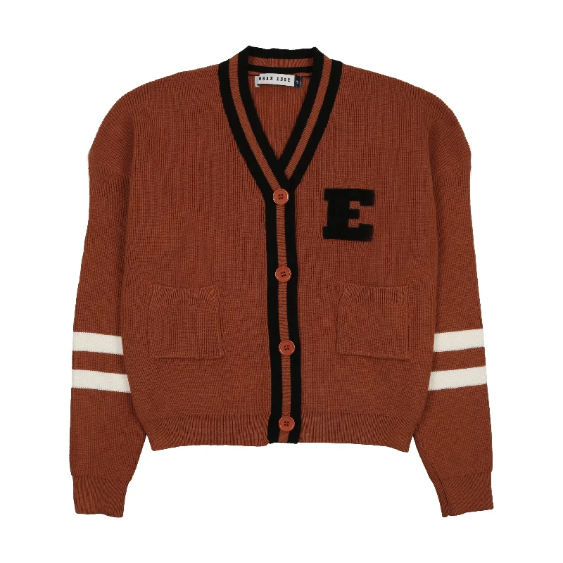 button down women cardigan with vintage buttonsUrban Edge Brown Varsity Cardigan