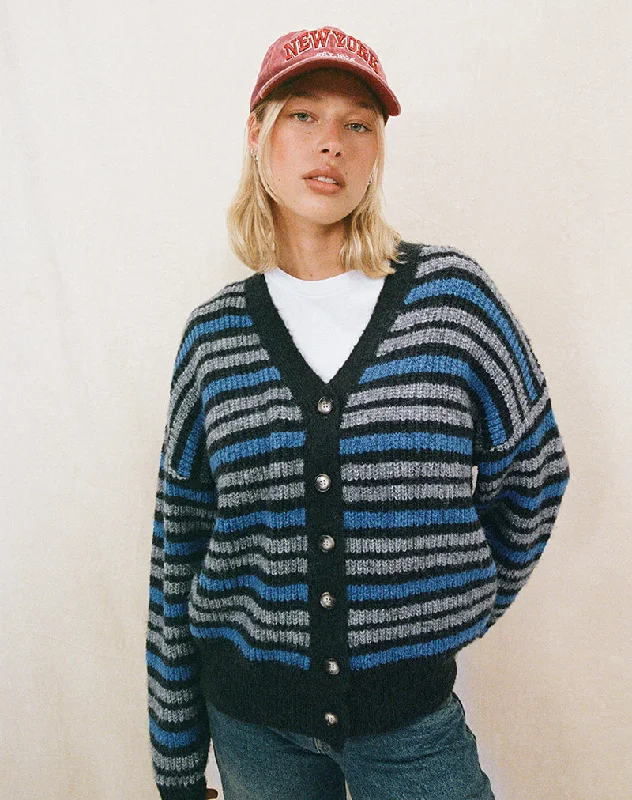 ribbed women cardigan with a classic textureUriela Cardigan in Light Grey and Blue Grey Stripe ribbed women cardigan with a classic textureUriela Cardigan in Light Grey and Blue Grey Stripe