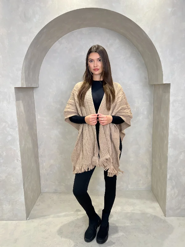 Mid - length women's down coats in a slim fit for a modern and sleek appearanceCable Knit Fringed Poncho Mid - length women's down coats in a slim fit for a modern and sleek appearanceCable Knit Fringed Poncho