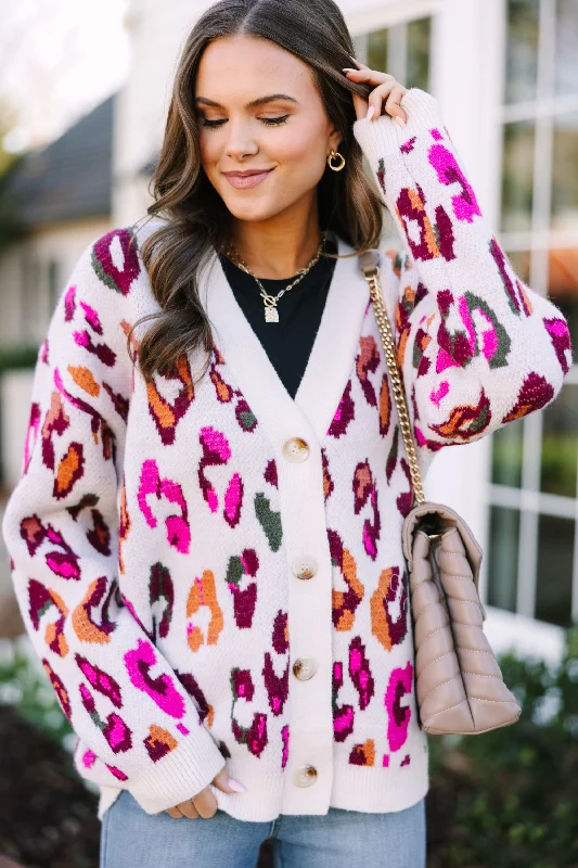 open front women cardigan for easy stylingWho You Are Cream White Leopard Cardigan
