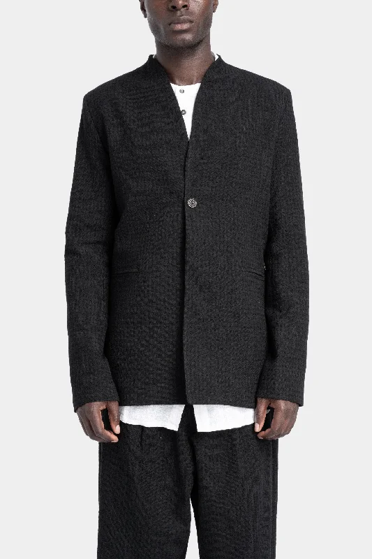 Women's long - sleeve wool coats in a houndstooth pattern for a classic charmLapel-less collar wool blend jacket Women's long - sleeve wool coats in a houndstooth pattern for a classic charmLapel-less collar wool blend jacket