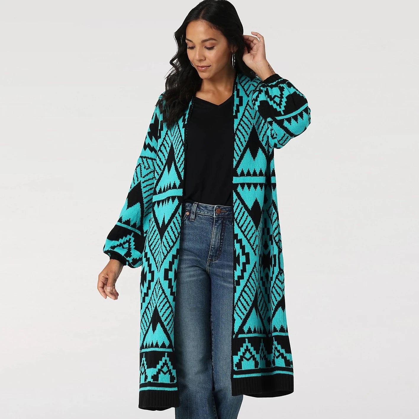 cropped women cardigan to pair with high - waisted jeansWrangler Women's Turquoise Aztec Long Cardigan cropped women cardigan to pair with high - waisted jeansWrangler Women's Turquoise Aztec Long Cardigan