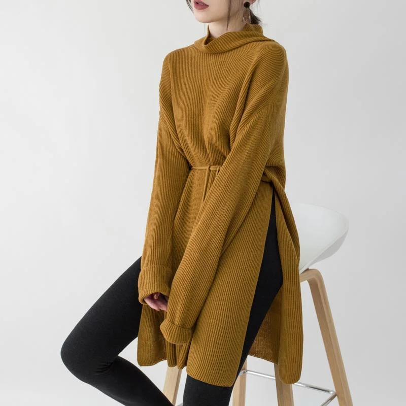 Plus Size Women's Oversized Chunky Knit Sweaters2018 yellow knit dresses Loose fitting high neck side open winter dresses boutique tie waist long knit sweaters Plus Size Women's Oversized Chunky Knit Sweaters2018 yellow knit dresses Loose fitting high neck side open winter dresses boutique tie waist long knit sweaters