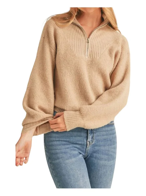 Mini - Length Women's Chunky Knit Sweater Dresses in Bold HuesAshley Half Zip Pullover Sweater In Beige Mini - Length Women's Chunky Knit Sweater Dresses in Bold HuesAshley Half Zip Pullover Sweater In Beige