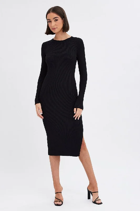 Longline Women's Mohair Sweater Dresses in a Loose FitBlack Midi Dress Long Sleeve Round Neck Rib Knitted Longline Women's Mohair Sweater Dresses in a Loose FitBlack Midi Dress Long Sleeve Round Neck Rib Knitted