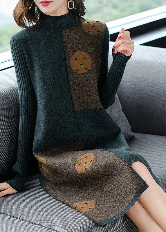 Plus Size Women's Turtleneck Sweater Dresses with Side SlitsBlackish Green Patchwork Cashmere Knitted Dress Stand Collar Print Long Sleeve Plus Size Women's Turtleneck Sweater Dresses with Side SlitsBlackish Green Patchwork Cashmere Knitted Dress Stand Collar Print Long Sleeve