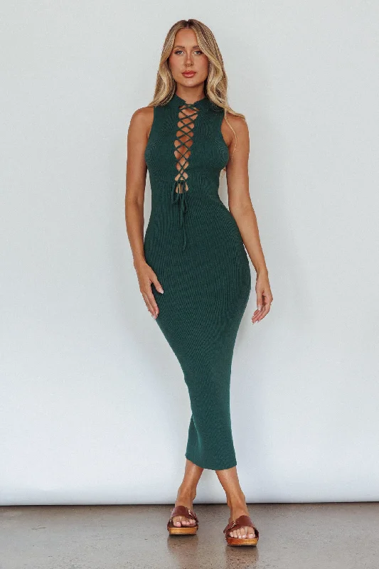 Plus Size Women's Long Sleeve Cable Knit Sweater DressesBrand New Day Lace-Up Bust Knit Midi Dress Emerald