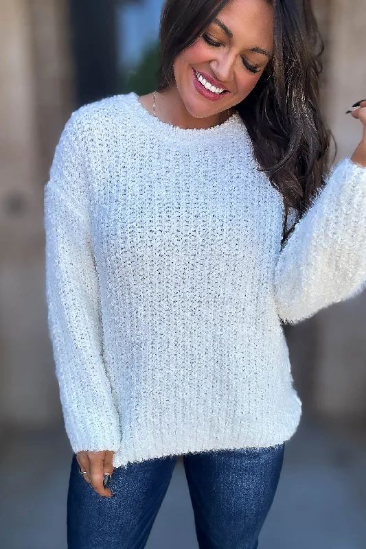 V - Neck Women's Ribbed Wool Sweaters for FallBrushed Ivory Round Neck Sweater