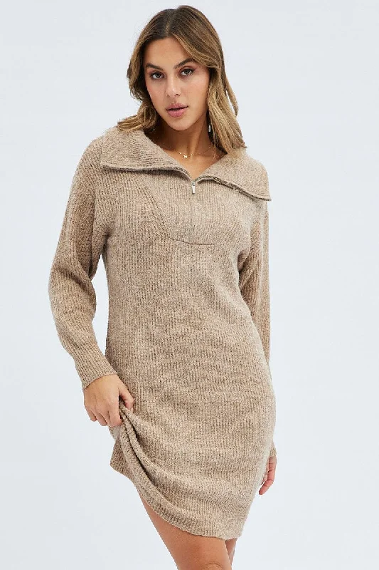 Belted Women's Cotton Blend Sweater Dresses for a Casual LookCamel Knit Dress Long Sleeve Turtleneck Zip Belted Women's Cotton Blend Sweater Dresses for a Casual LookCamel Knit Dress Long Sleeve Turtleneck Zip