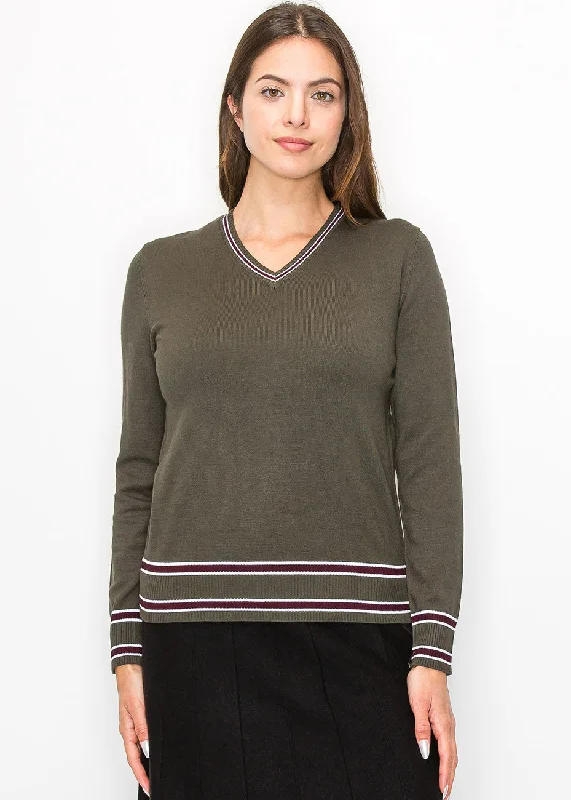 Plus Size Women's Oversized Chunky Knit SweatersCasual Olive V-Neck Sweater