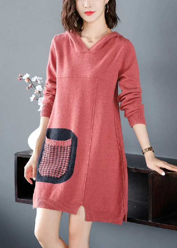 Women's Off - Shoulder Chunky Knit Sweater Dresses in Earth TonesCasual Red Patchwork Knitted Cotton Thread Hooded Sweater Dress Fall Women's Off - Shoulder Chunky Knit Sweater Dresses in Earth TonesCasual Red Patchwork Knitted Cotton Thread Hooded Sweater Dress Fall