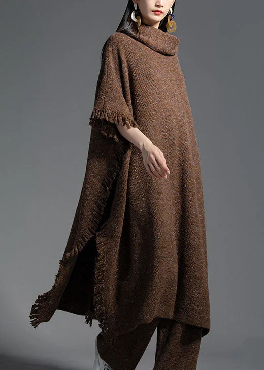 Belted Women's Cotton Blend Sweater Dresses for a Casual LookCoffee Wool Knit Dress Turtle Neck Tasseled Half Sleeve Belted Women's Cotton Blend Sweater Dresses for a Casual LookCoffee Wool Knit Dress Turtle Neck Tasseled Half Sleeve