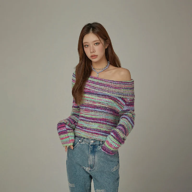 Split - Hem Women's Linen Blend Sweaters for SpringOff-Shoulder Color Stripe Knit Sweater Split - Hem Women's Linen Blend Sweaters for SpringOff-Shoulder Color Stripe Knit Sweater