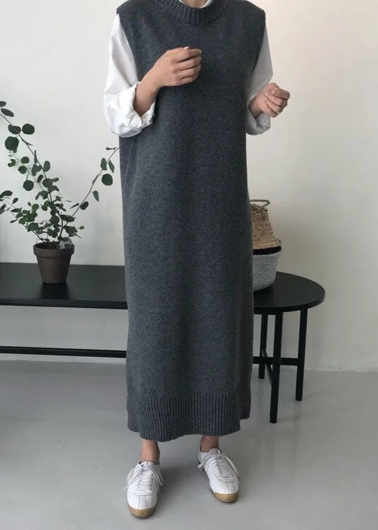 Plus Size Women's Asymmetric Hem Sweater Dresses in Modern DesignsDIY Grey O Neck Patchwork Knit Vest Dress Sleeveless Plus Size Women's Asymmetric Hem Sweater Dresses in Modern DesignsDIY Grey O Neck Patchwork Knit Vest Dress Sleeveless