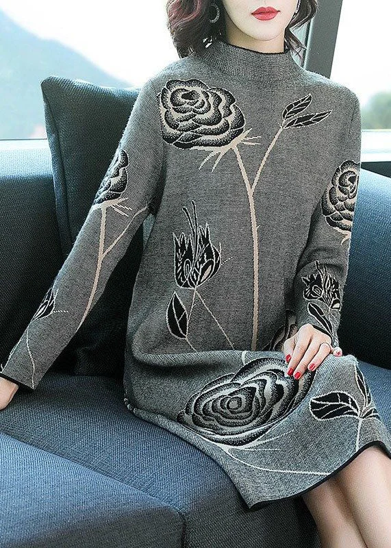 Women's Off - Shoulder Chunky Knit Sweater Dresses in Earth TonesElegant Black Stand Collar Print Knit Sweater Dress Winter Women's Off - Shoulder Chunky Knit Sweater Dresses in Earth TonesElegant Black Stand Collar Print Knit Sweater Dress Winter