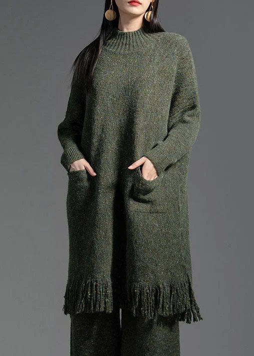 Plus Size Women's Turtleneck Sweater Dresses with Side SlitsElegant Green Tasseled Patchwork Wool Knitting Dress Winter Plus Size Women's Turtleneck Sweater Dresses with Side SlitsElegant Green Tasseled Patchwork Wool Knitting Dress Winter