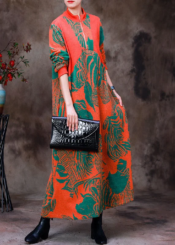Wrap - Style Women's Lambswool Sweater Dresses in Elegant ShadesElegant Orange Stand Collar Zip Up Jacquard Knit Robe Dresses Long Sleeve Wrap - Style Women's Lambswool Sweater Dresses in Elegant ShadesElegant Orange Stand Collar Zip Up Jacquard Knit Robe Dresses Long Sleeve