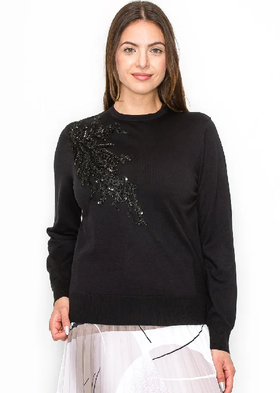 Boat Neck Women's Merino Wool Sweaters in Neutral ShadesEmbellished Black Knit Pullover Boat Neck Women's Merino Wool Sweaters in Neutral ShadesEmbellished Black Knit Pullover