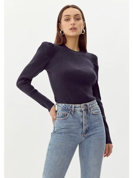 Split - Hem Women's Linen Blend Sweaters for SpringFelina Puff Sleeve Sweater in Navy Split - Hem Women's Linen Blend Sweaters for SpringFelina Puff Sleeve Sweater in Navy