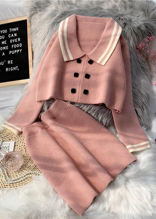 French Pink Knitted suit women's new short sweater Pullover skirt two piece set in early autumn 2024