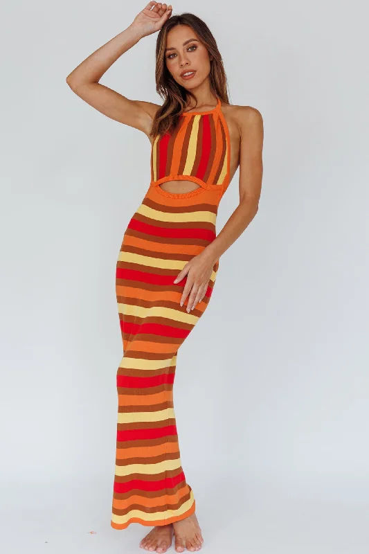 Plus Size Women's Open - Front Cardigan Style Sweater DressesFrench Riviera Halterneck Knit Maxi Dress Brown/Orange Plus Size Women's Open - Front Cardigan Style Sweater DressesFrench Riviera Halterneck Knit Maxi Dress Brown/Orange