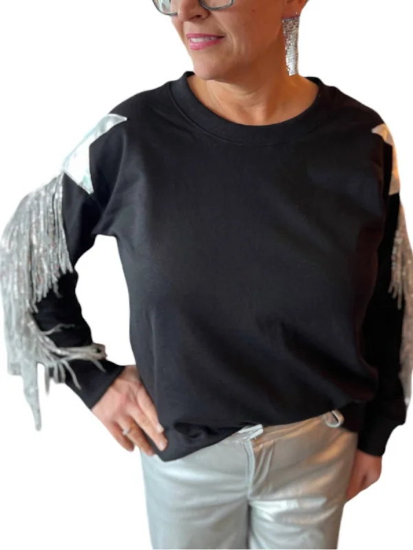 Women's Long Sleeve Turtleneck Cashmere SweatersFrench Terry Star Patch With Fringe Sweater In Black Women's Long Sleeve Turtleneck Cashmere SweatersFrench Terry Star Patch With Fringe Sweater In Black