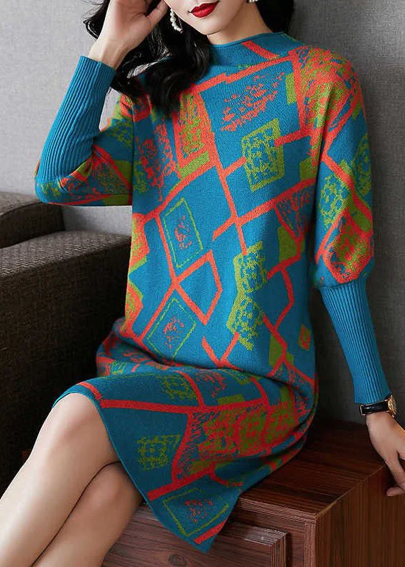 Plus Size Women's Open - Front Cardigan Style Sweater DressesHandmade Blue Turtle Neck Geometric Print Thick Knitted Dress Fall Plus Size Women's Open - Front Cardigan Style Sweater DressesHandmade Blue Turtle Neck Geometric Print Thick Knitted Dress Fall