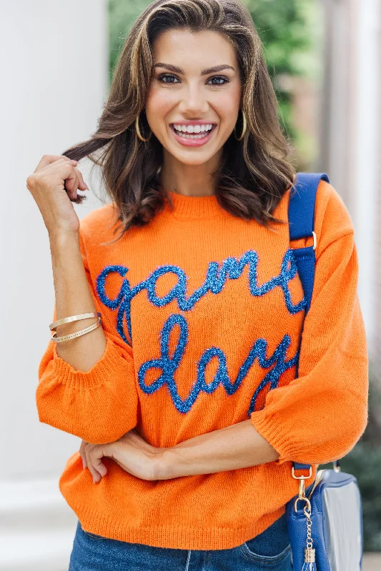 Plus Size Women's Ruffled Hem Sweaters in Floral PrintsIt's Game Day Orange/Blue Puff Sleeve Sweater Plus Size Women's Ruffled Hem Sweaters in Floral PrintsIt's Game Day Orange/Blue Puff Sleeve Sweater