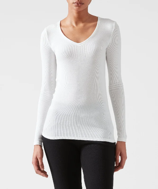 Organic Cotton Women T Shirt for Eco - Conscious WearersModal Rib Long Sleeve V-Neck Tee - White Organic Cotton Women T Shirt for Eco - Conscious WearersModal Rib Long Sleeve V-Neck Tee - White