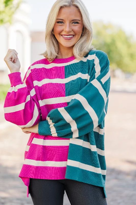 Plus Size Women's Embroidered Sweaters in Ethnic StylesLive It Up Fuchsia/Teal Striped Sweater Plus Size Women's Embroidered Sweaters in Ethnic StylesLive It Up Fuchsia/Teal Striped Sweater
